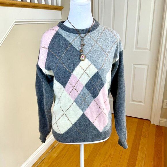 Lindsey Blake Sweaters - Lindsey Blake Sweater Vintage Argyle Wool Angora Crew Neck Pink Gray Multi (M)